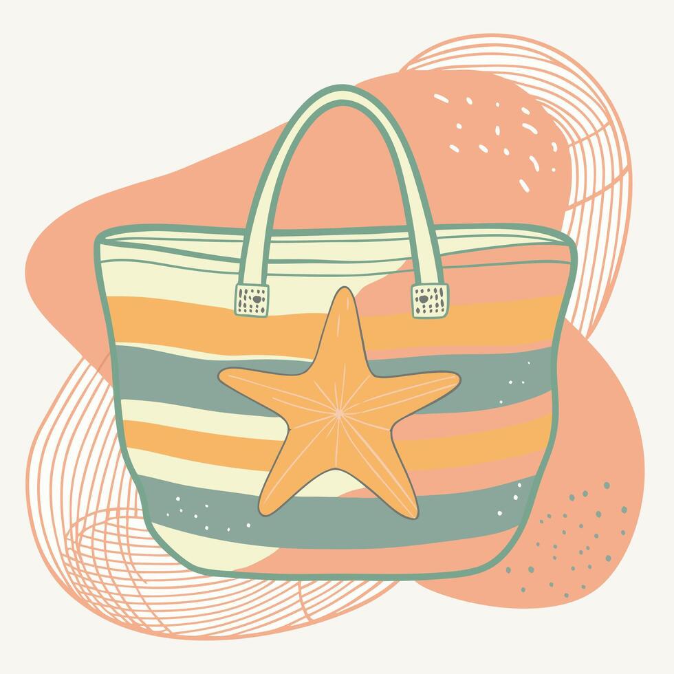 Boho style illustration. Vibrant yellow and orange striped bag with a star design on the front. vector