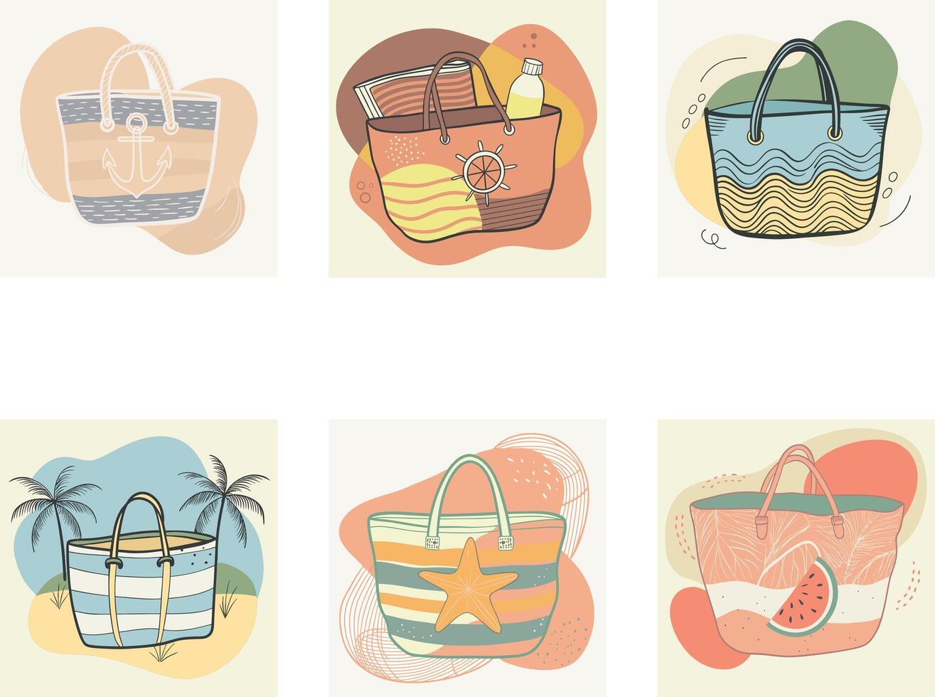 Set of vibrant and colorful beach bags in a bohemian style with a white backdrop for travel, road, baggage, and bag vector