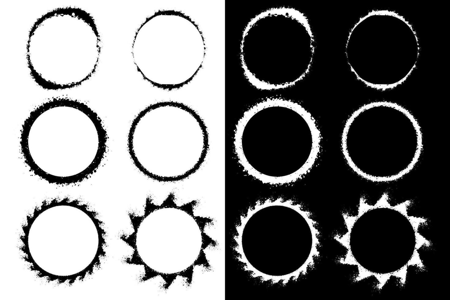 Set of Circle frames with grunge splatter effect, stencil graffiti borders with rough ink brush strokes vector
