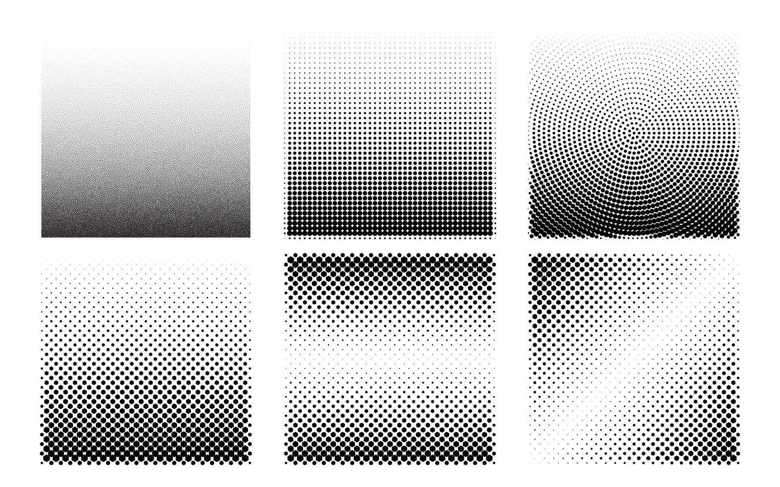 Square background set with different halftone texture. Noise gradient bundle stipple dots pattern vector
