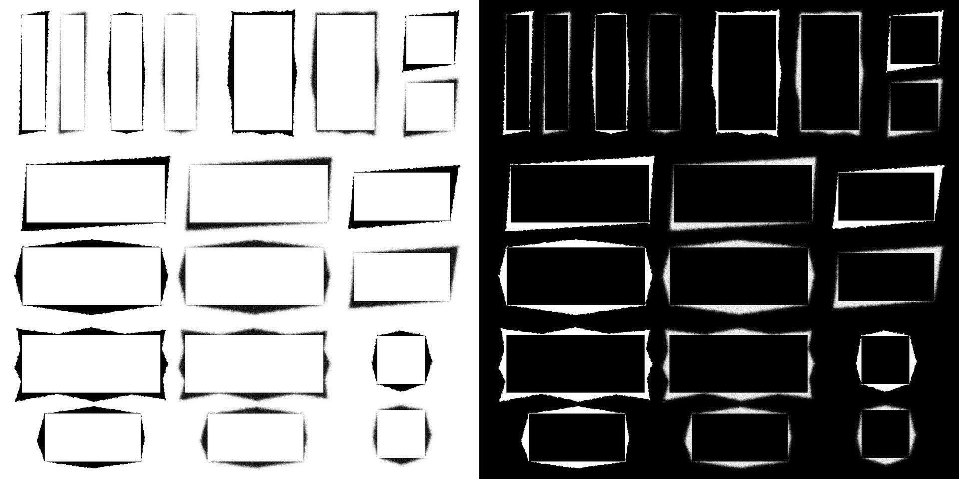 Set of stencil frames with splatter grunge effect, rectangular graffiti border with noisy airbrush texture vector