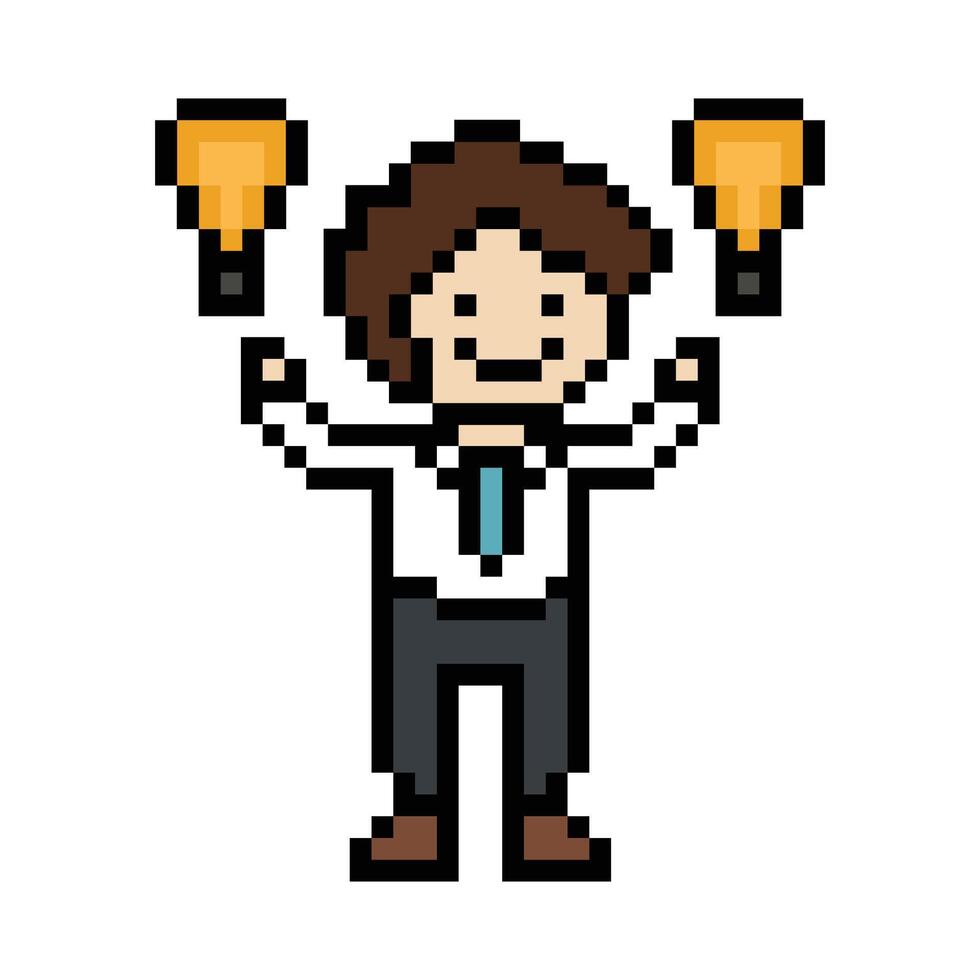 Cute pixel cartoon 8bit character business man businessman smart work life office game for decoration business 8 bit male career smart character game. vector