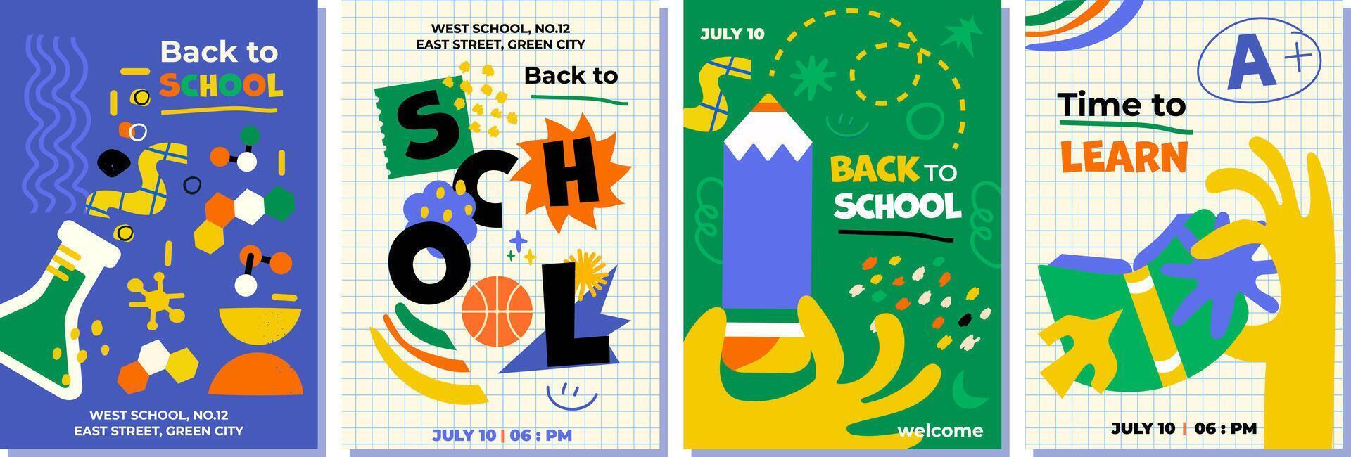 4 illustrations Back to school. Set of abstract posters with school supplies. Perfect for social media advertising, print, flyers, postcards and more vector