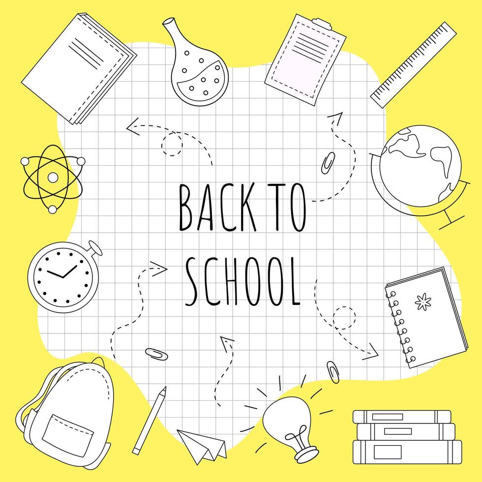 Back to school. Set of school elements, backpack, books, globe, notebook, pencil. Poster, banner, greeting card. Hand drawn doodle illustration with yellow colors. vector