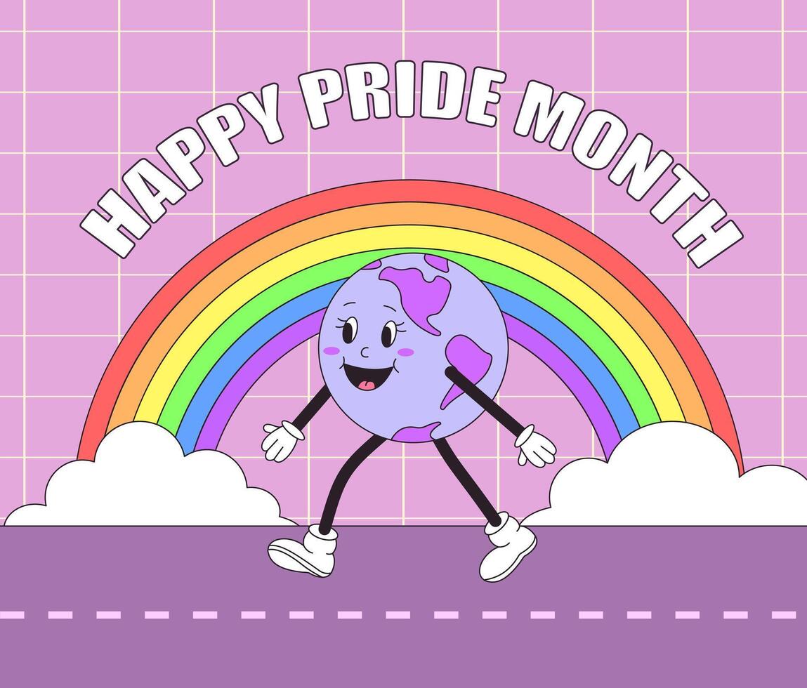 LGBT Pride Month. Retro groovy earth character walking with a rainbow. illustration vector