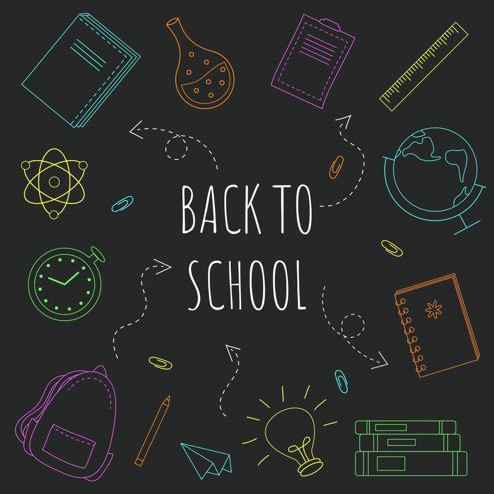 Back to school. Set of school elements, backpack, books, globe, notebook, pencil. Poster, banner, greeting card. Hand drawn doodle illustration. vector