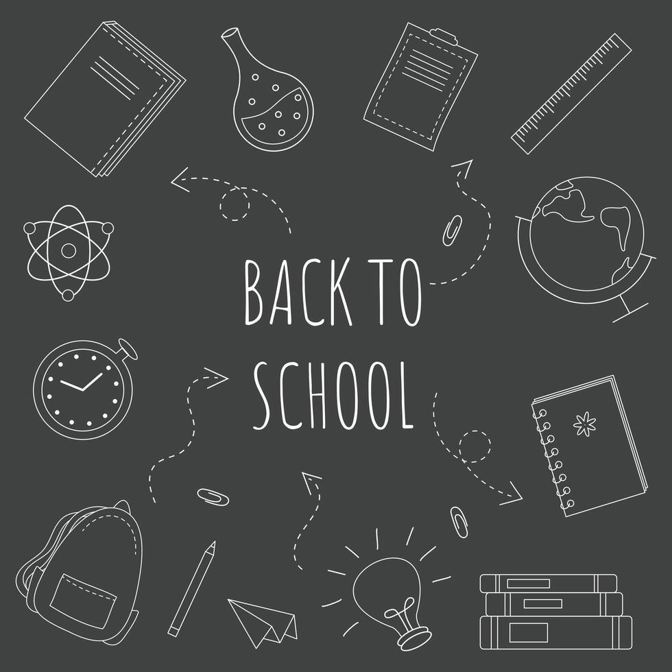 Back to school. Set of school elements, backpack, books, globe, notebook, pencil. Poster, banner, greeting card. Black and white hand drawn doodle illustration. vector