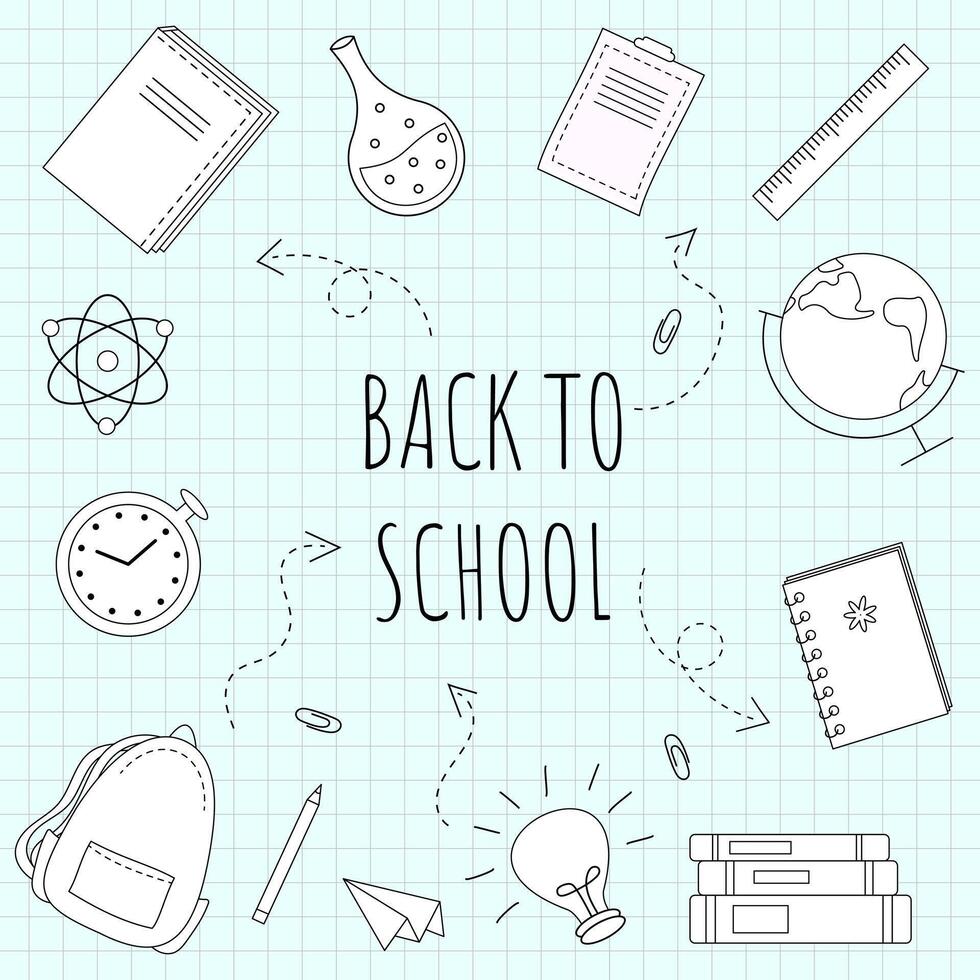 Back to school. Set of school elements, backpack, books, globe, notebook, pencil. Poster, banner, greeting card. Hand drawn doodle illustration. vector