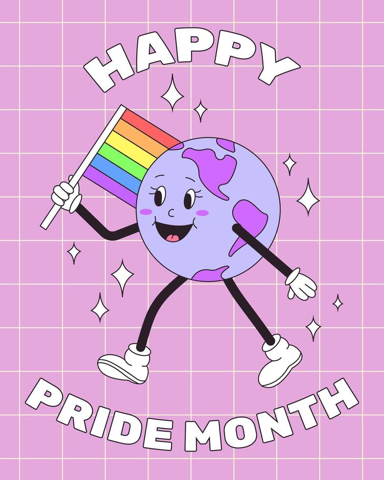LGBT Pride Month. Retro groovy earth character walking with rainbow colors LGBTQ flag. illustration vector
