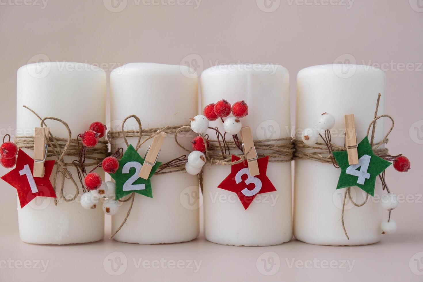 Traditional four advent weeks calendar before Christmas holidays. Candles and plastic free zero waste sustainable decoration. Copy space greeting card mock up template. Winter cozy home time photo
