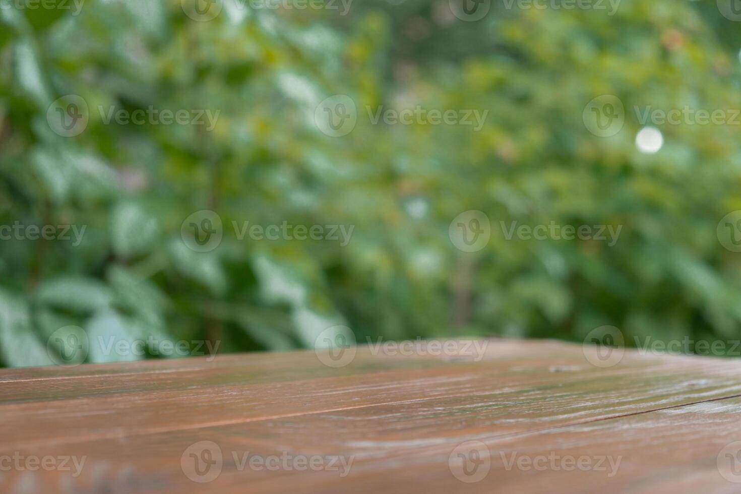 Wooden table at alcove in garden outdoor. Background of greenery. Template mock up podium for advertisement. Connection with nature photo