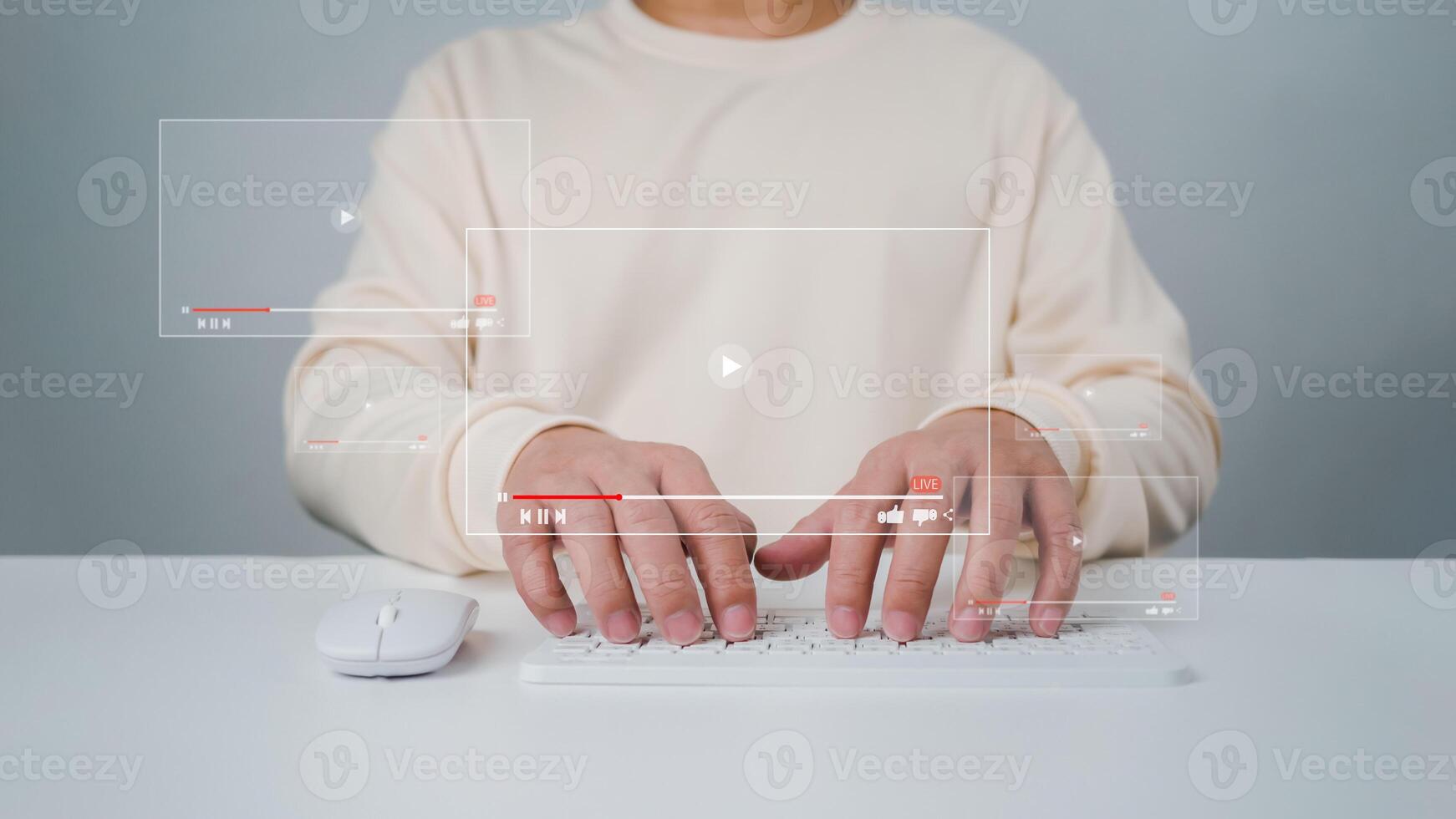 A man using mouse and keyboard for streaming online, watching on internet, live concert, show or tutorial, live streaming on internet, digital multimedia player concept. photo
