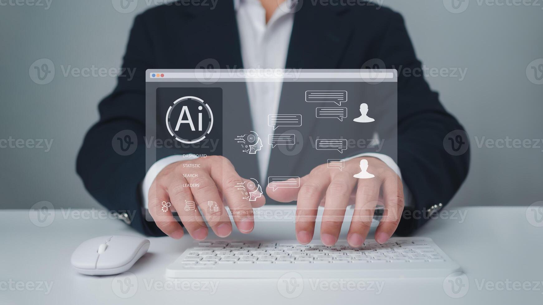 Businessman chatting with a smart AI using an artificial intelligence chatbot developed by OpenAI, Chat bot concept, Artificial intelligence system support is the future, Chat with AI. photo