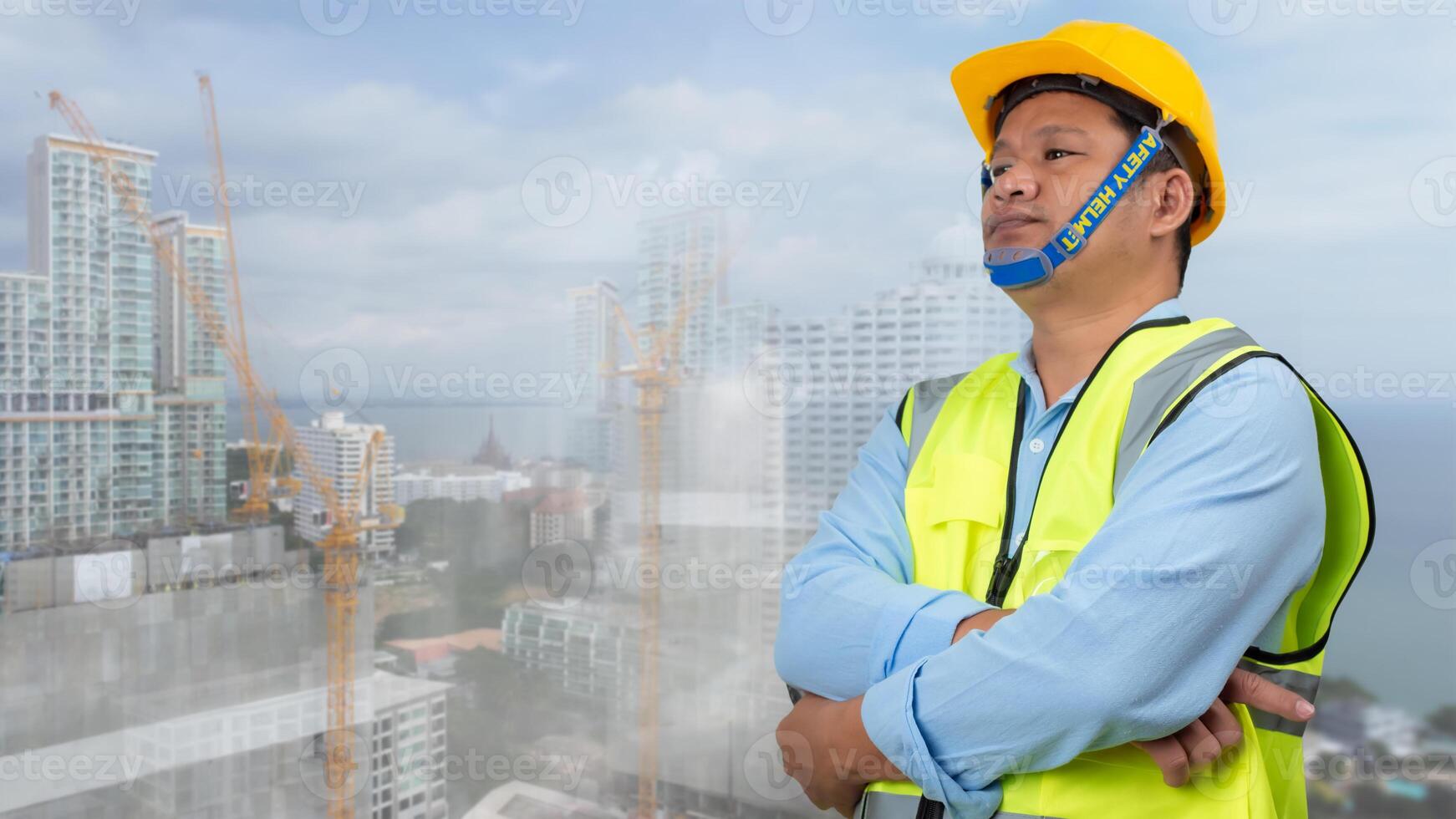 Civil engineer architect standing holding a safety helmet on construction site background, Construction site plans to build high-rise buildings, Engineer building concept, Background for construction. photo