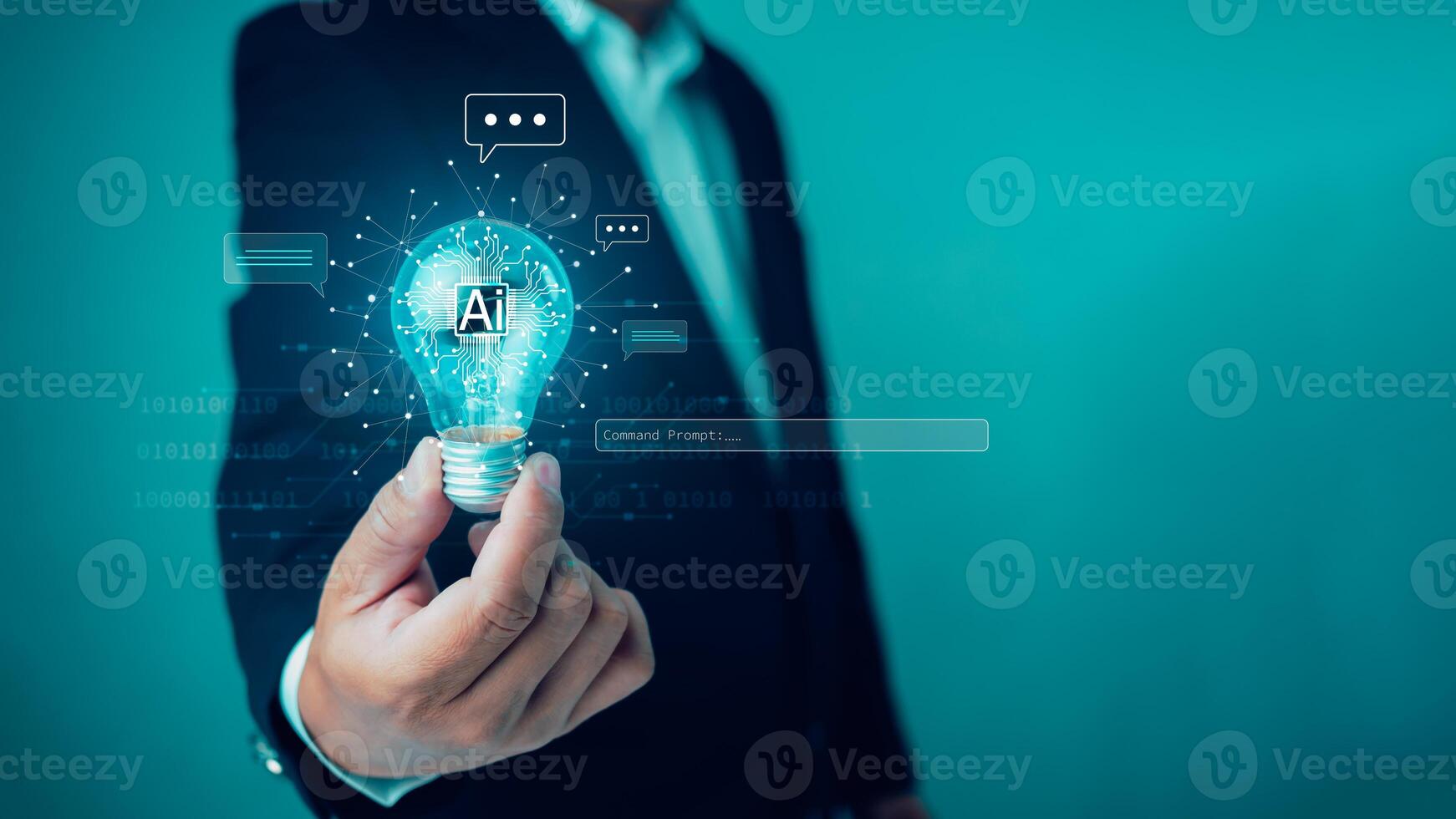 Businessman using technology smart robot AI, Ai technology, Artificial intelligence by enter command prompt for generates something, Futuristic technology transformation. Chat with AI photo