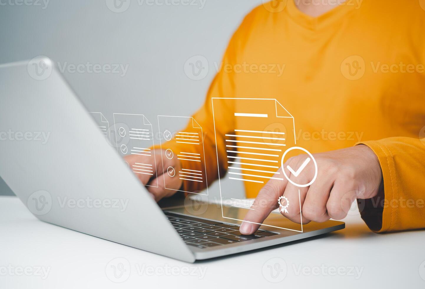 Businessman checks transaction documents or electronic contract documents, Prepare check and approve concept, Check electronic documents on digital documents and checklist approval. photo