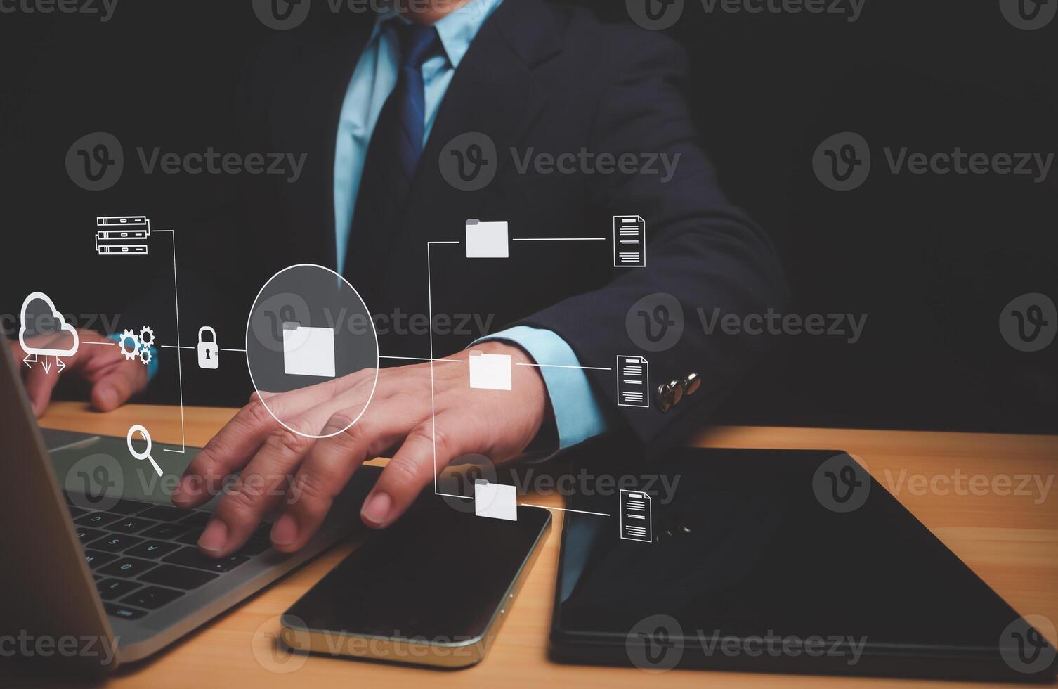 Businessman using a computer to document management, Document Management System being setup by IT consultant working on laptop computer in office, Efficiently manage and information files. photo