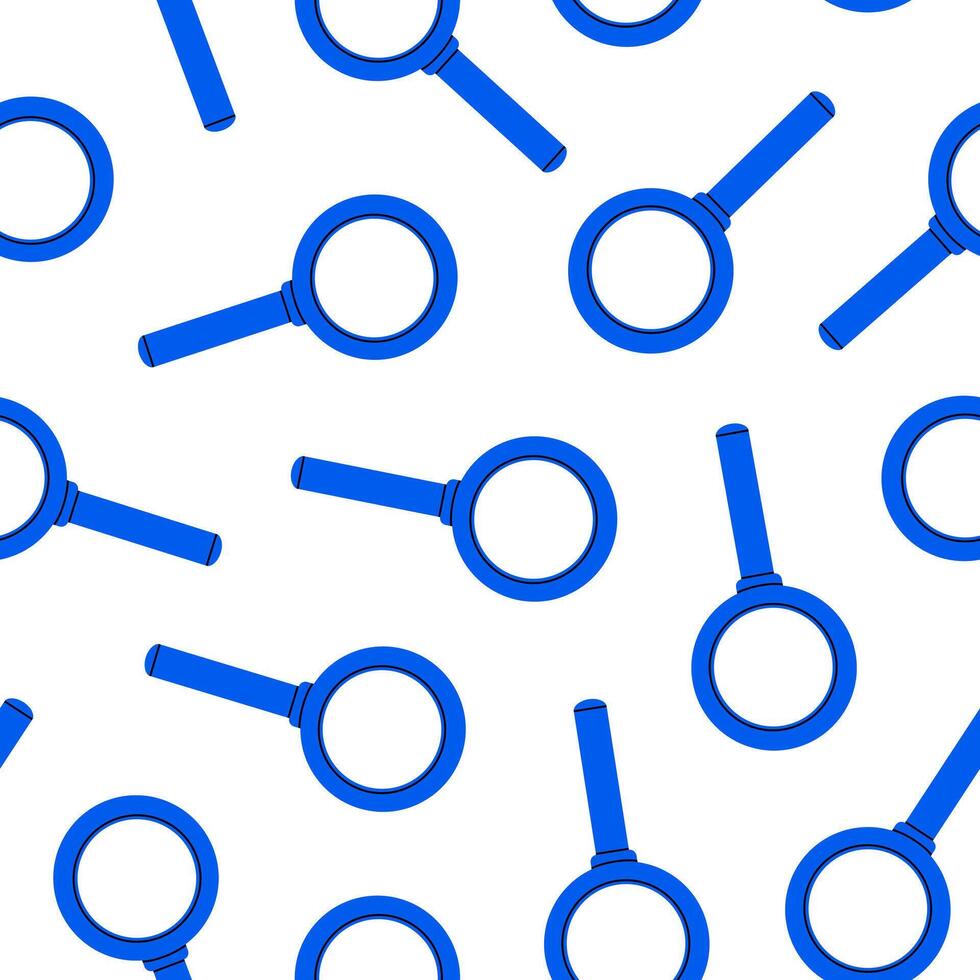 Hand drawn cute cartoon seamless pattern magnifying glass. Flat searching optical tool print in doodle. Discover or explore hardware. Data analysis background, wrapping or wallpaper. vector