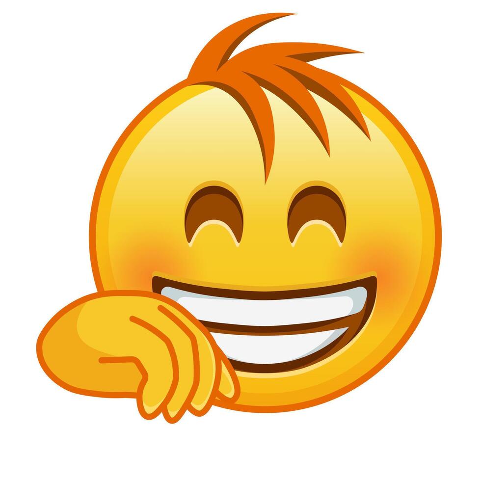 Smiling face with smiling eyes covering mouth with hand with hair vector
