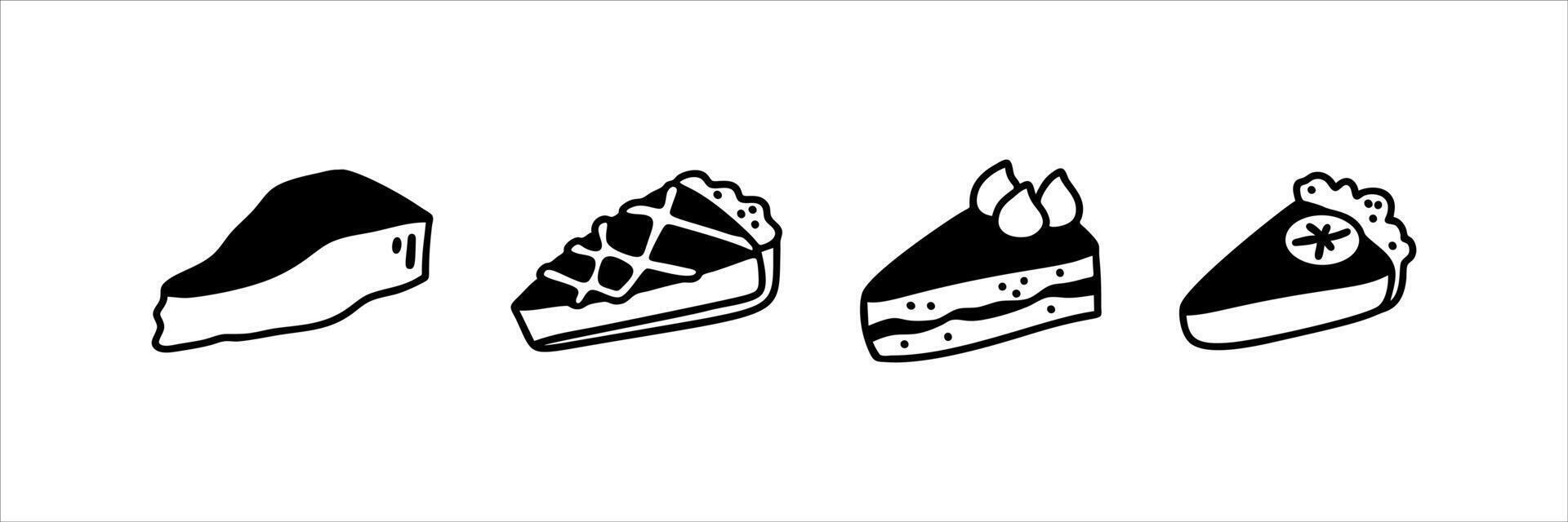Doodle cake and pie slices set. Outline hand drawn icons. Chocolate, lemon, apple, cheesecake, san Sebastian desert. Birthday and wedding design element. vector