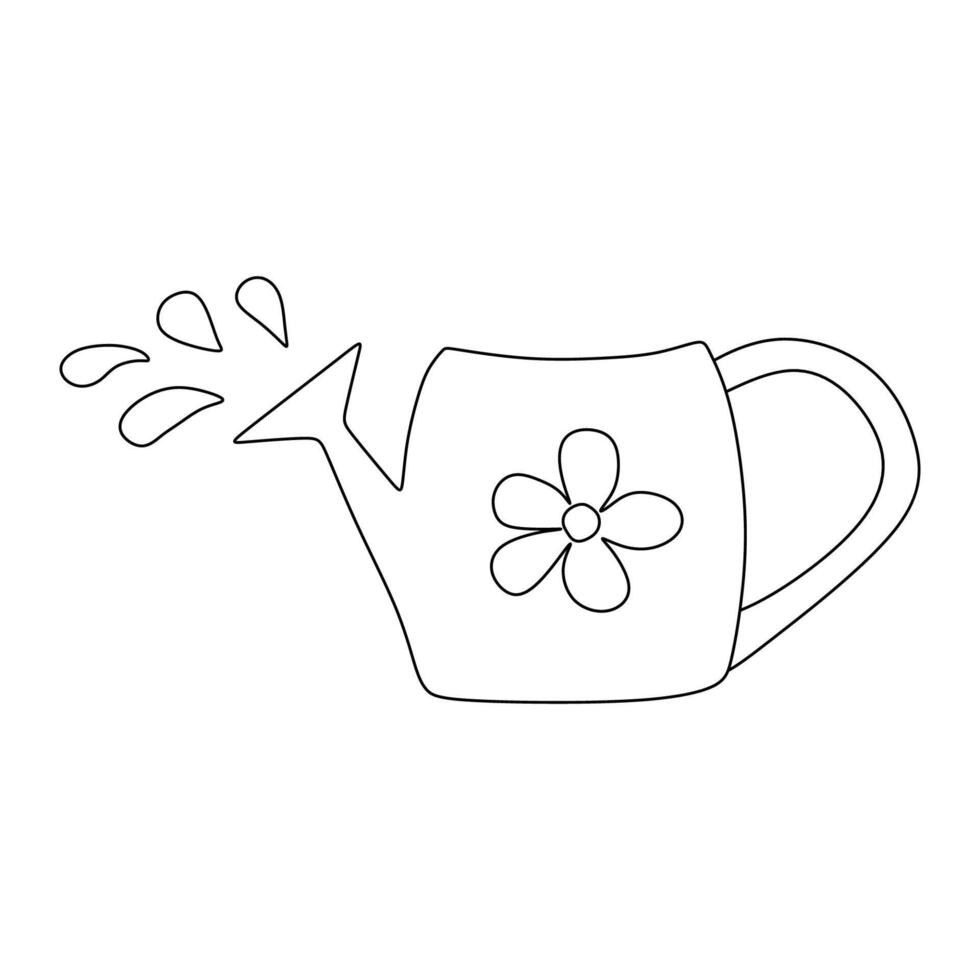 Linear Water Can. Watering Garden Equipment in Doodle style Isolated on White background. Hand drawn Contour Drawing, Coloring Book sheet, Line illustration. vector