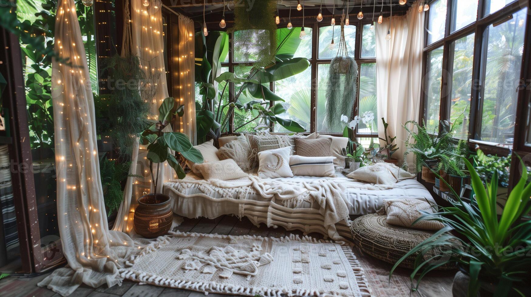 A cozy, dimly lit room with a white bed and a rug. The room is decorated with plants and lights, giving it a warm and inviting atmosphere photo