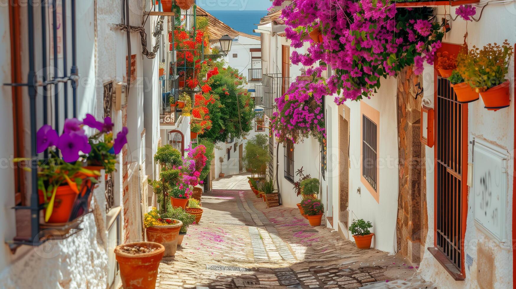 Narrow cobbled street in small cozy old town. Typical traditional houses with white walls, blooming colorful plants, flowers. Summer travel concept photo