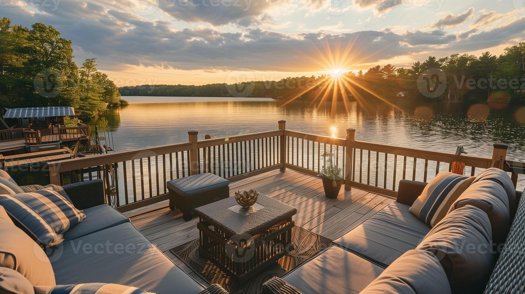 A beautiful lake with a sunset in the background. The sun is shining on the water, creating a warm and peaceful atmosphere. The scene is perfect for relaxation and enjoying the outdoors photo