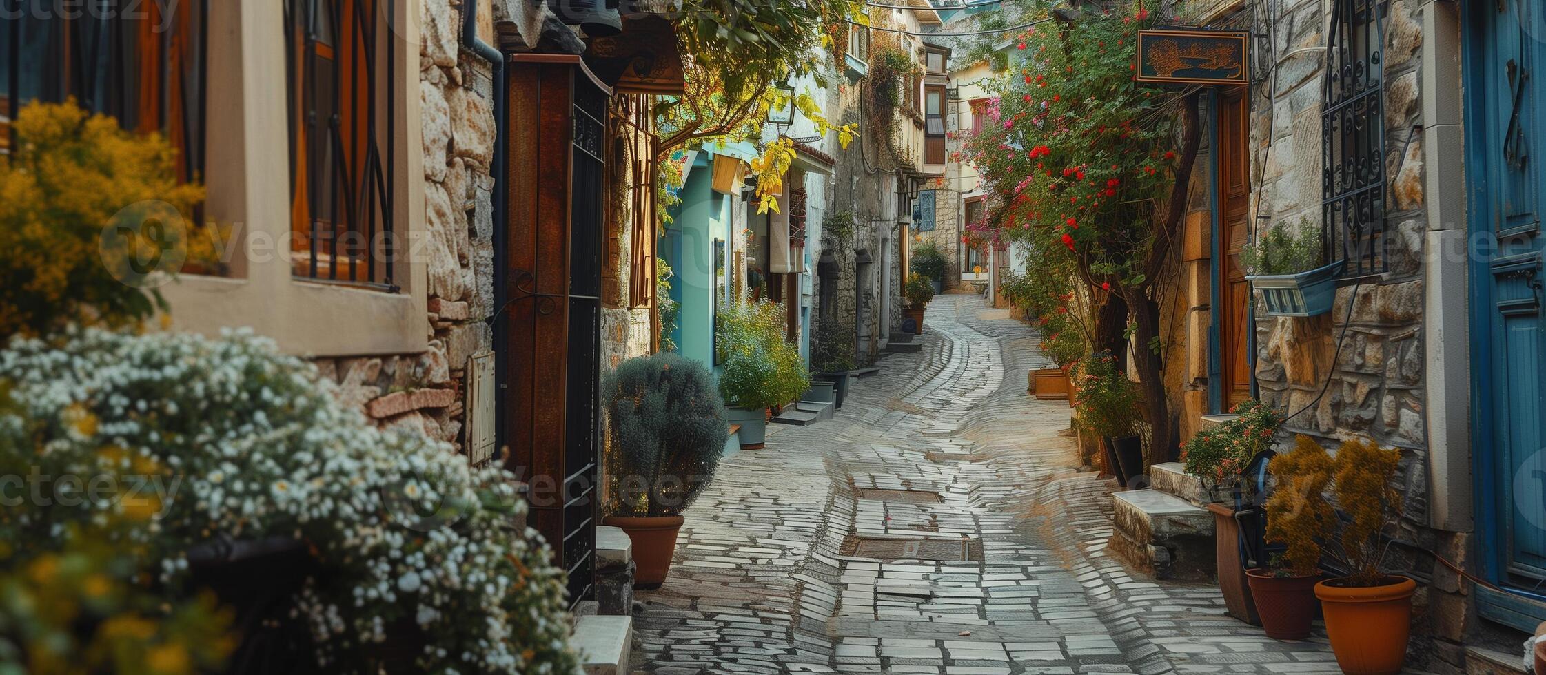 Narrow cobbled street in small cozy old town. Typical traditional houses with a stone walls, blooming plants, flowers. Summer travel concept photo