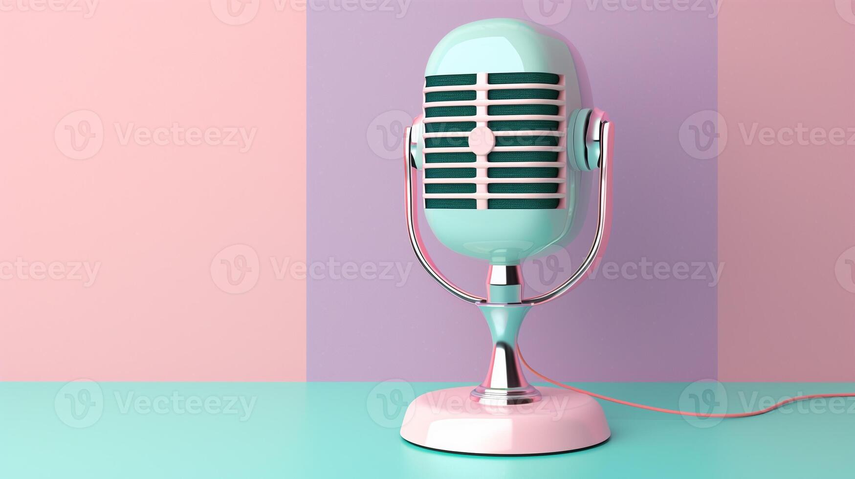 Retro microphone on a table over pastel pink, green and blue background with copy space. Modern Podcast concept. photo