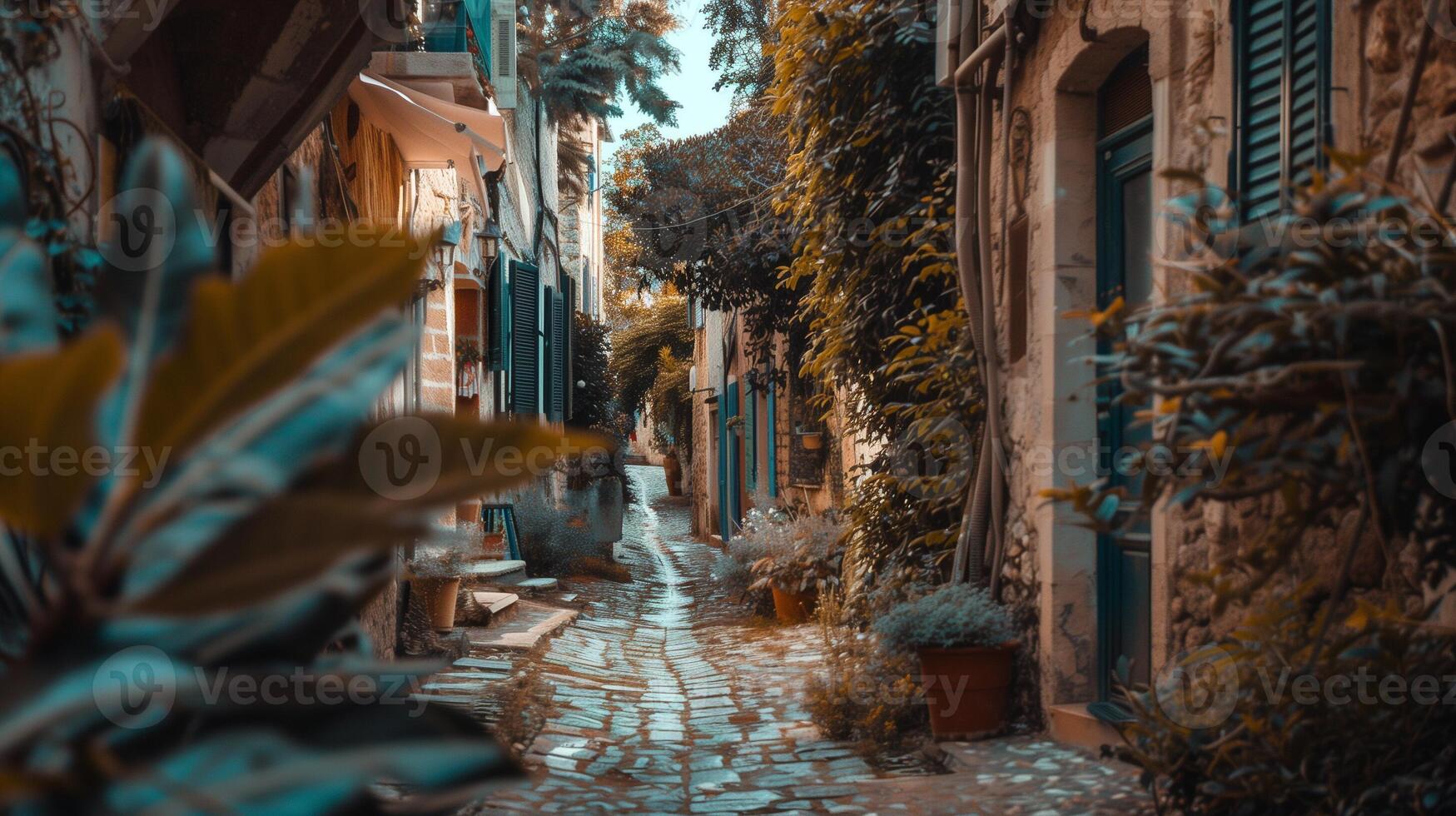 A narrow alleyway with a cobblestone path and potted plants lining the sides photo