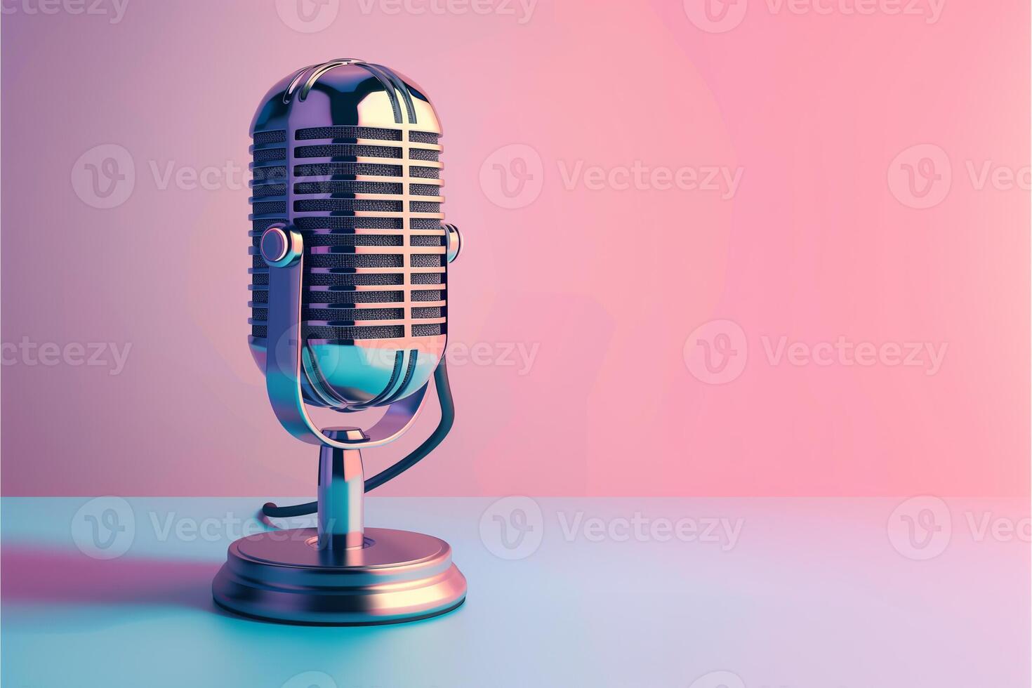 Retro microphone on a table over pastel pink and blue background with copy space. Podcast concept. photo