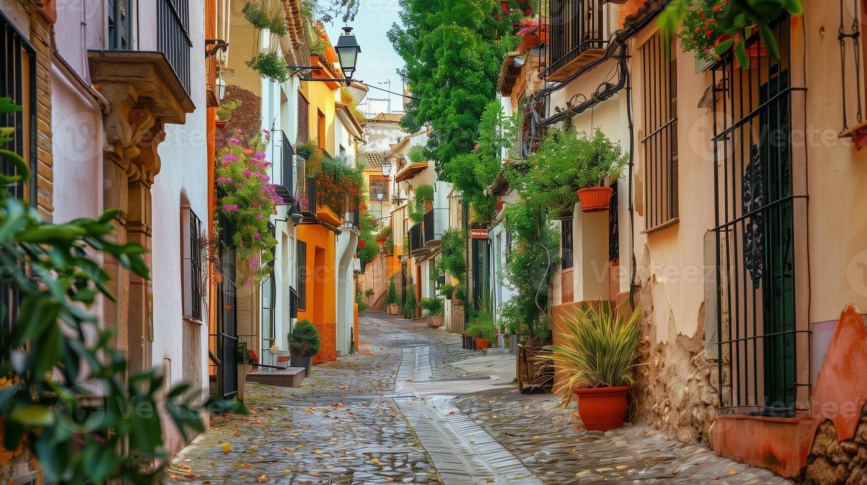 A narrow street with a cobblestone path lined with potted plants and trees photo