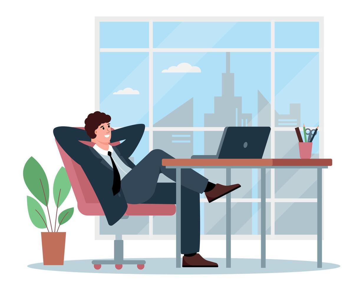 Relaxed businessman sitting in armchair at desk with computer and feeling satisfied from work productivity. Young man character resting in office or chilling. vector