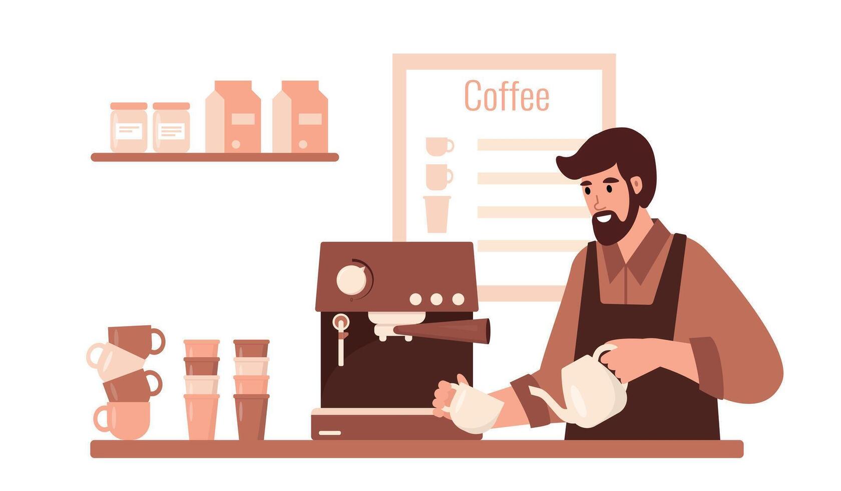 Man barista making Coffee in cafe with coffee machine. Male person character working in coffee shop. Small business. vector