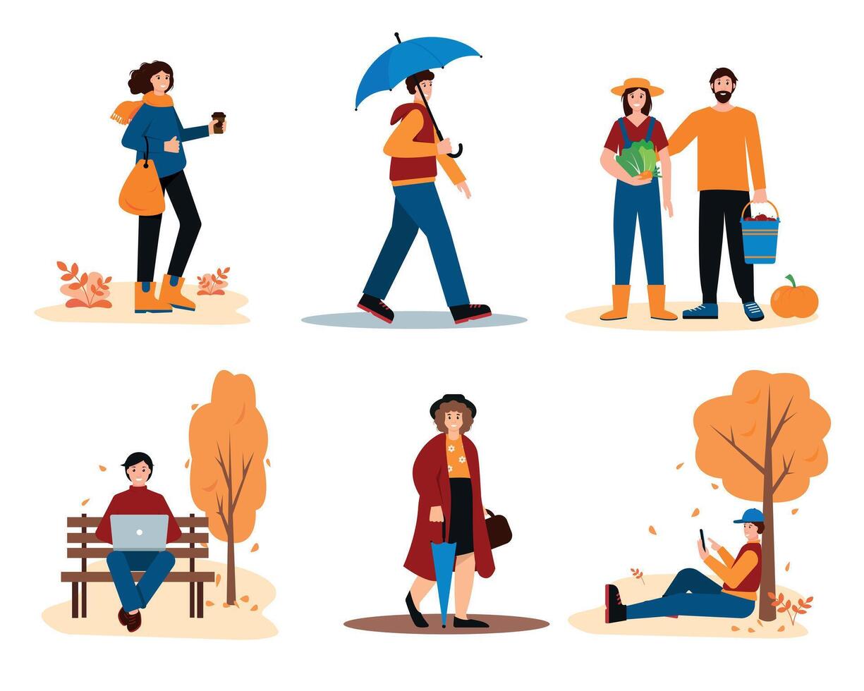 People in Autumn set. Men and women in bright clothes walking in park, working outdoor or harvesting. Characters in different poses vector