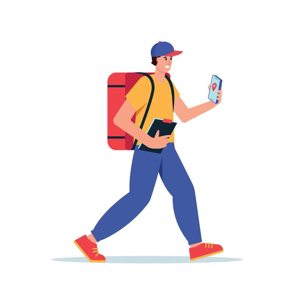 Delivery man or courier with big parcel box on back and mobile phone in hand. Fast Delivery concept. vector