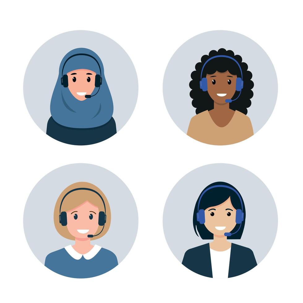 Call center or Customer Service avatars. Female characters of different nationalities in headphones. Help, Support and Contact service icons vector
