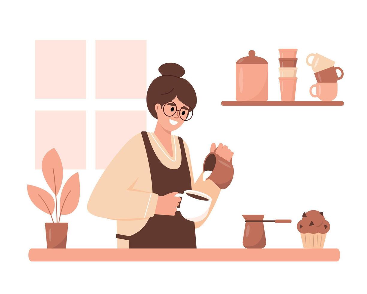 Young woman making Coffee with milk in kitchen at home. Female person character barista working in coffee shop. vector