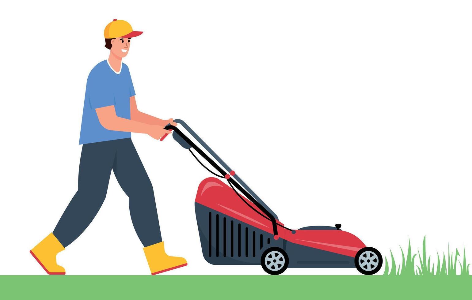 Young man with Lawn mower machine. Gardener mows the grass with Electric work tool. Mowing, Trimming, pruning, cutting grass in garden. vector
