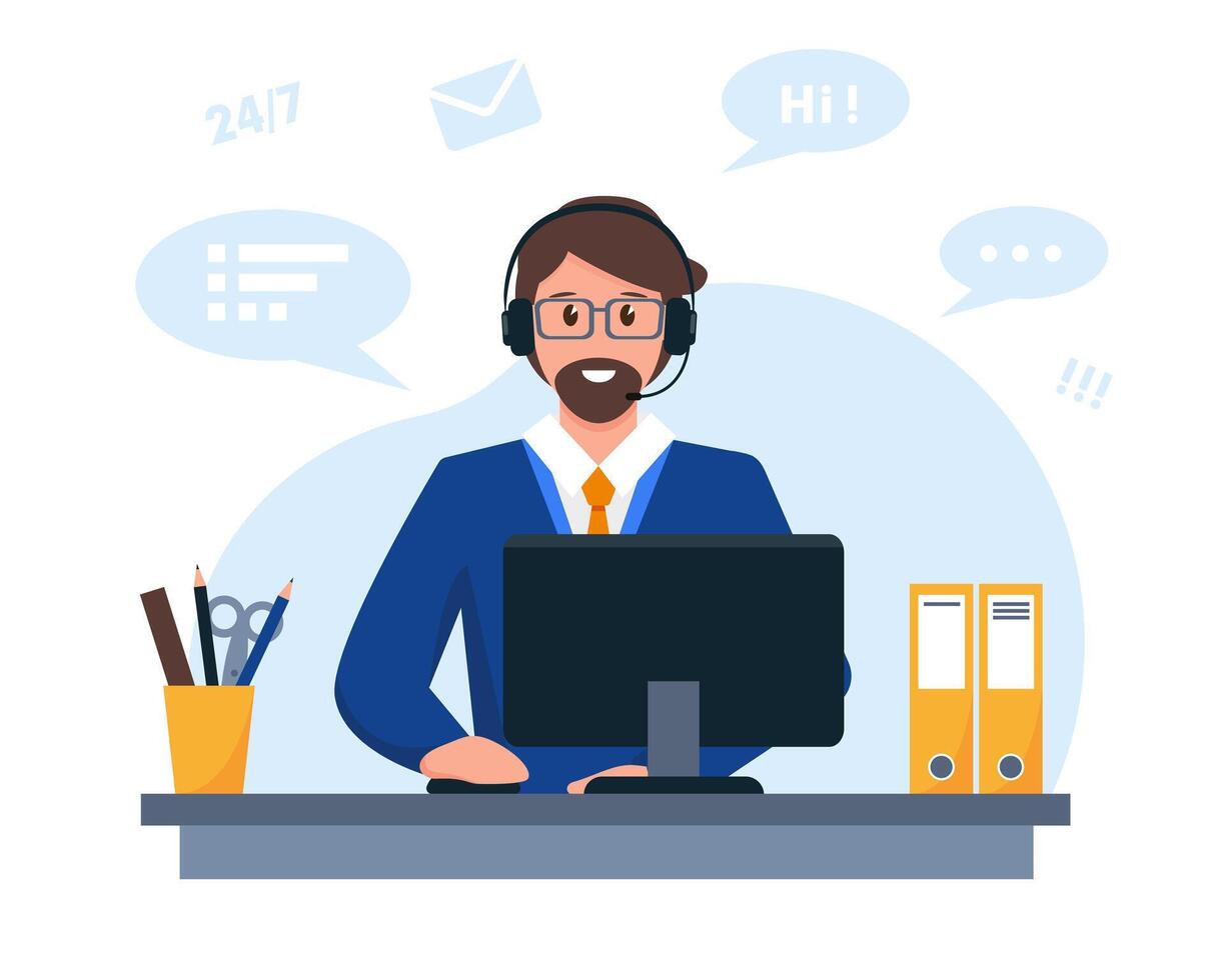 Operator of call center with headphones, microphone and computer. Customer service, support or call center concept. vector