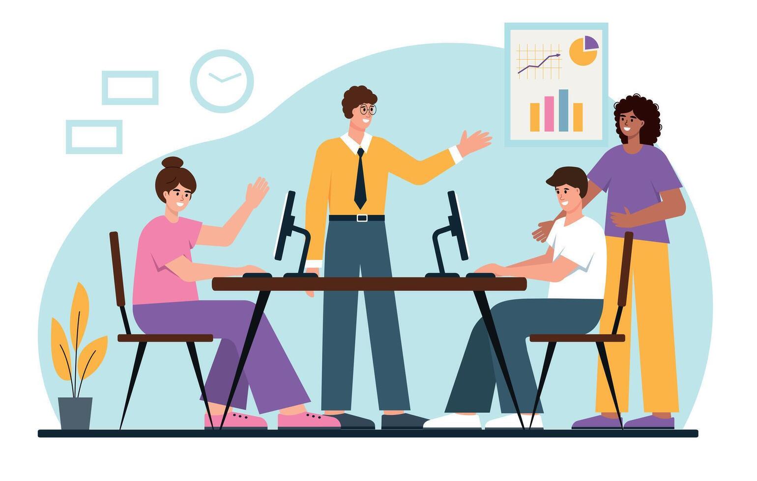 Young business people working together in office or coworking place. Male and female characters. Business Analysis, planning or startup concept. vector