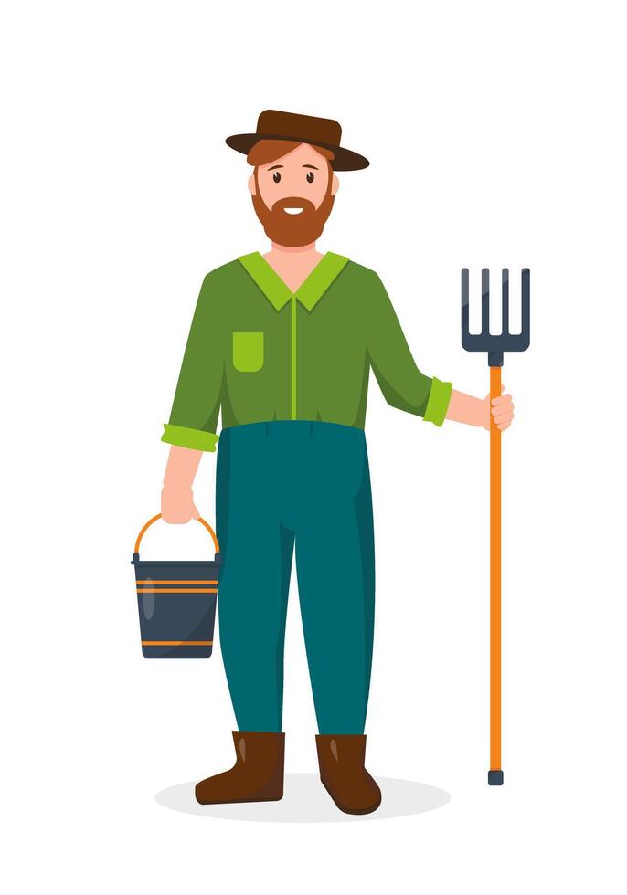 Farmer character with garden tools isolated on white background. Profession people concept. vector