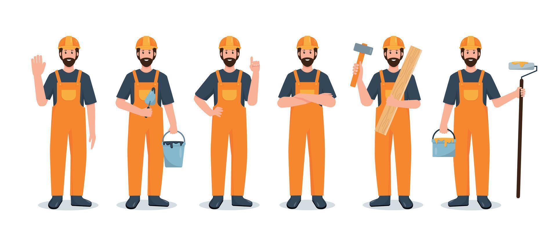 Set of Builder or Construction Worker in uniform isolated on white background. Industry engineer employee character with work tools in different poses and gestures vector