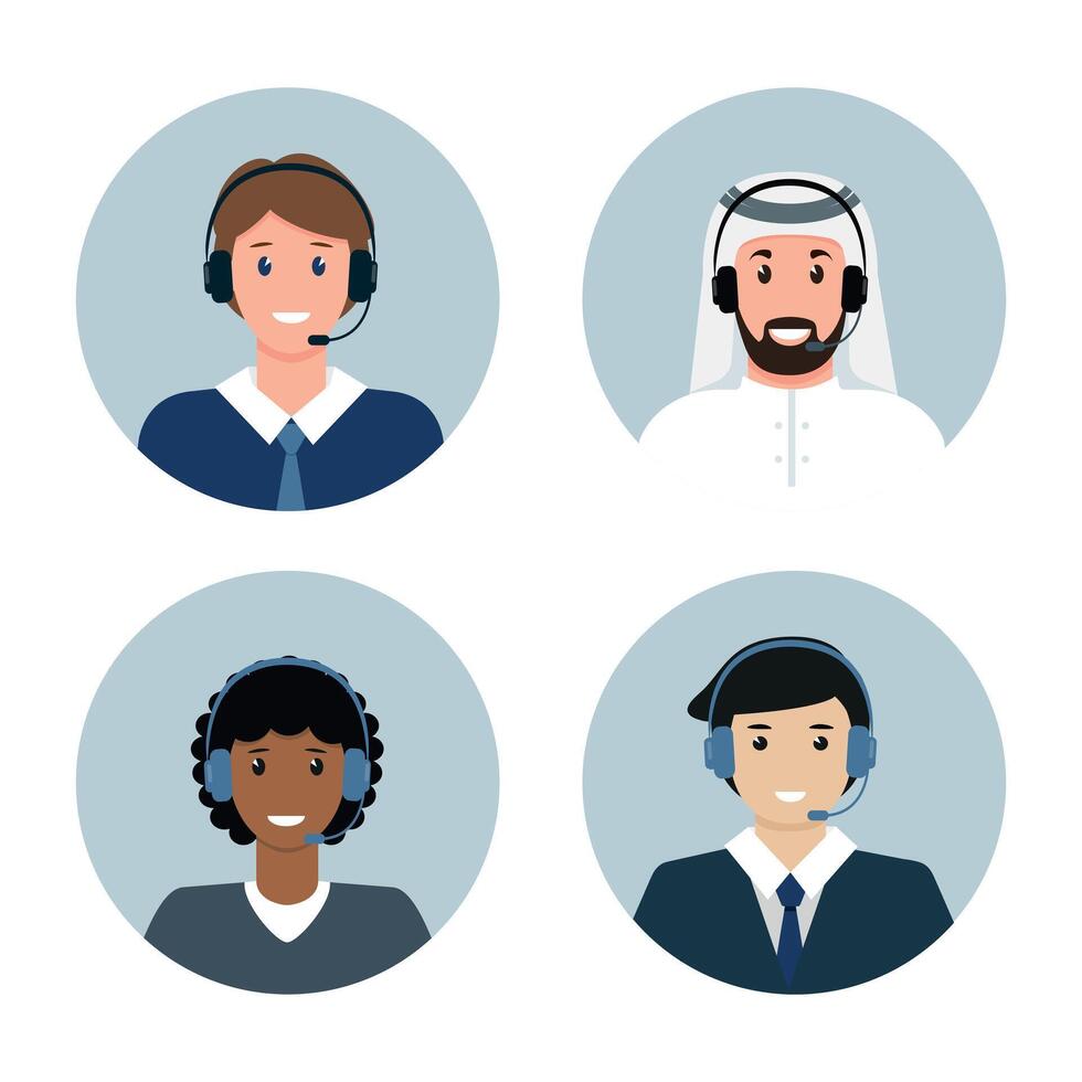 Call center or Customer Service male avatars. Men of different nationalities in headphones. Help, Support and Contact service icons. vector