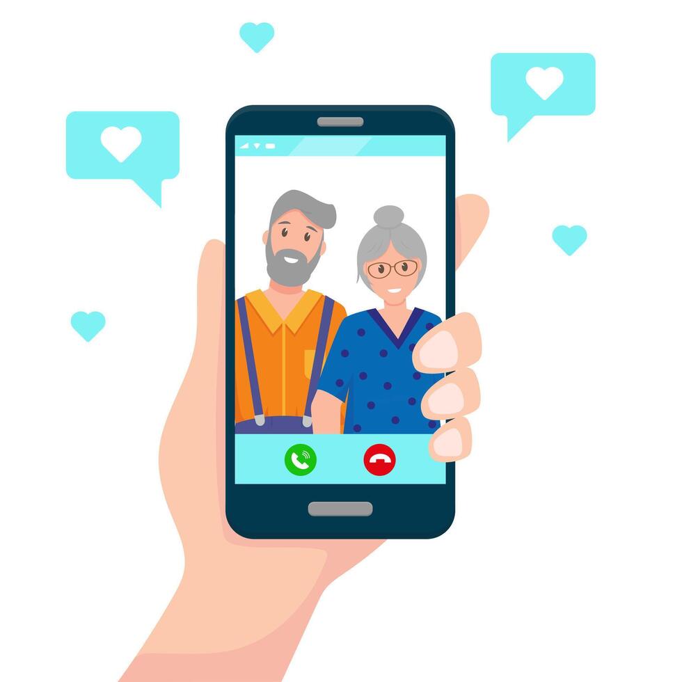 Human hand hold smartphone with happy elderly couple on screen. Communication with parents or grandparents. call and communication app concept. vector