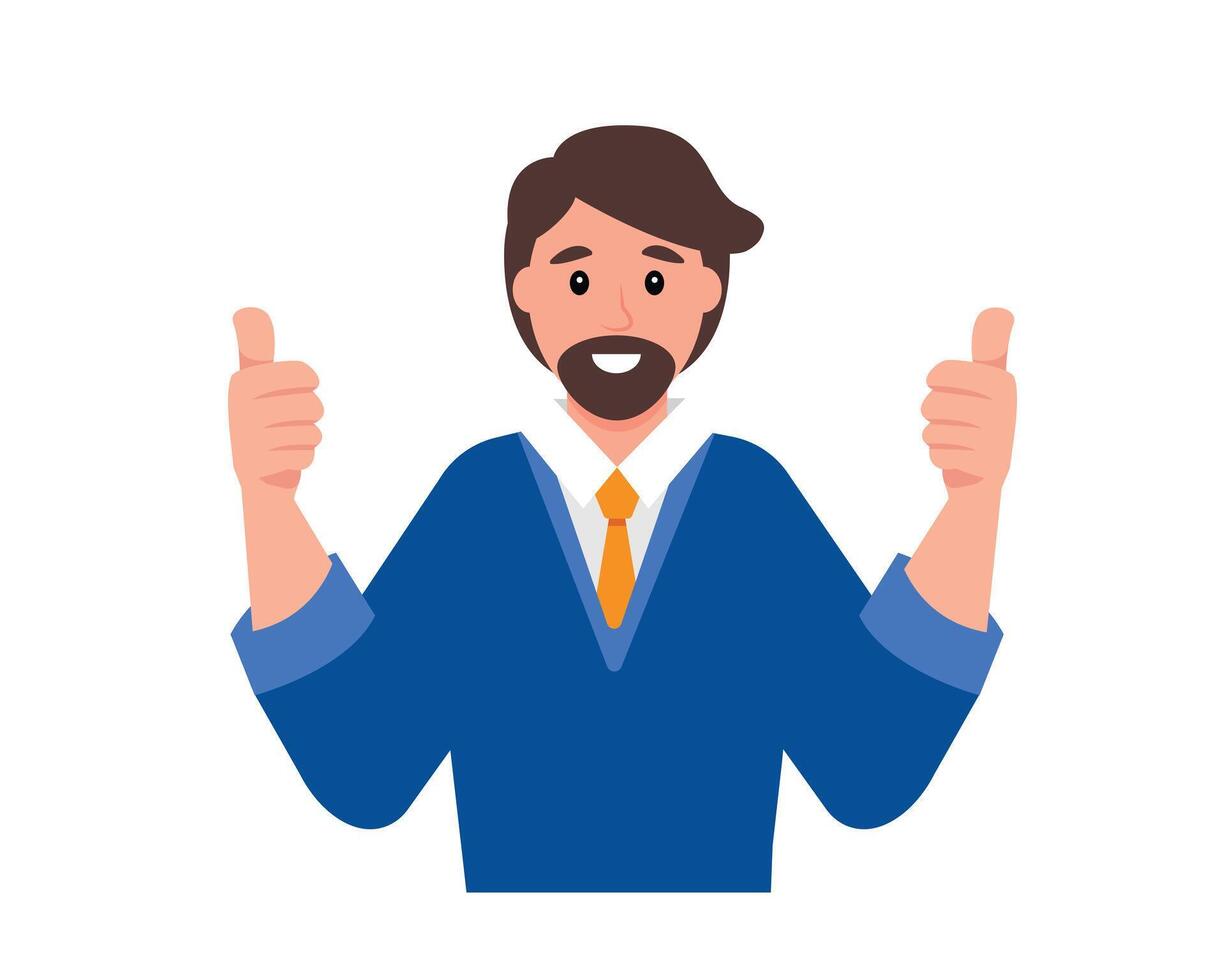 Young happy man shows thumb up. Gesture cool. Smiling man cartoon character. Successful businessman. vector