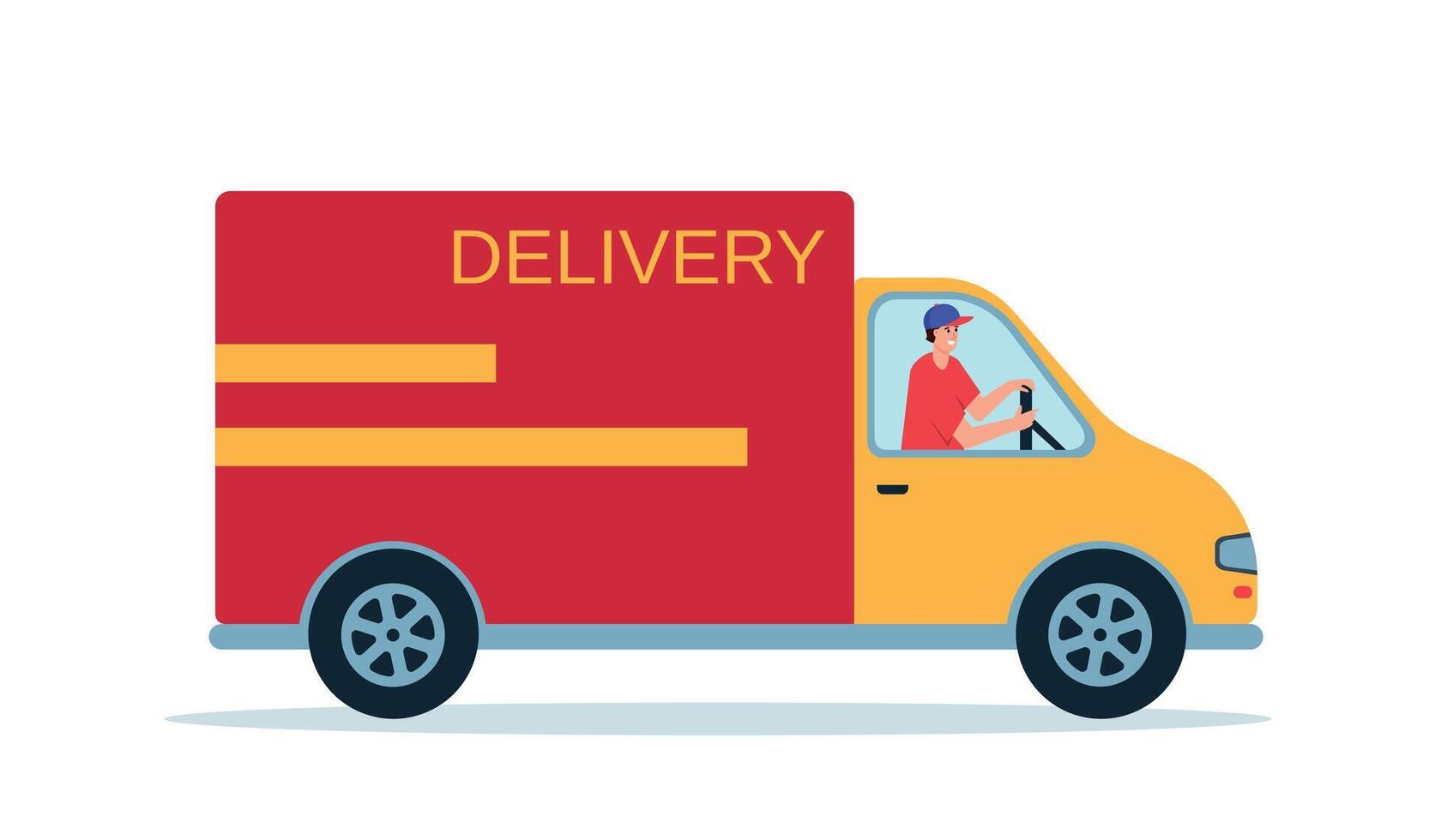 Delivery car with man. Smiling courier into delivery car. Online delivery service concept, online order tracking, delivery home and office. vector
