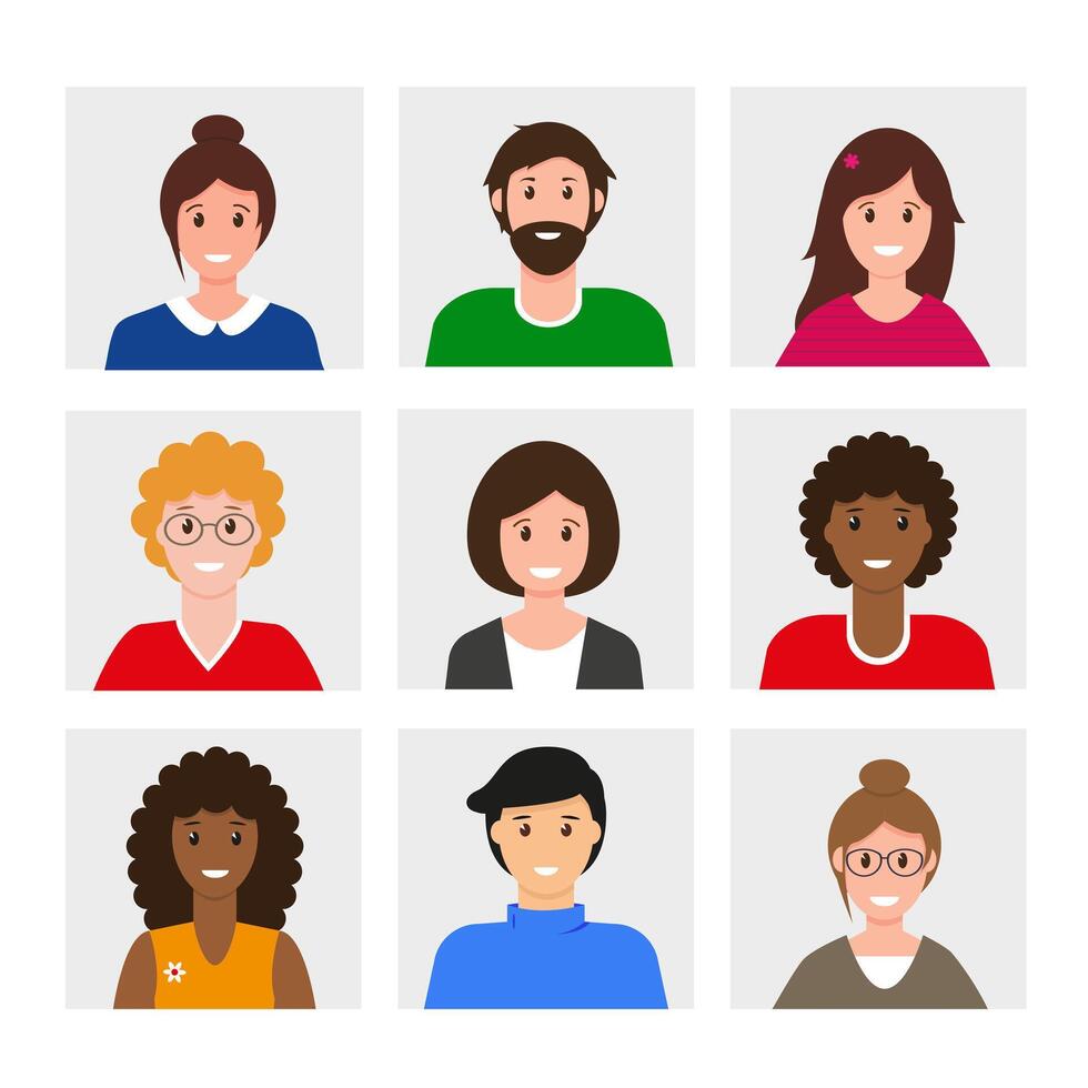 Smiling people avatars set. Different men and women icons collection. vector