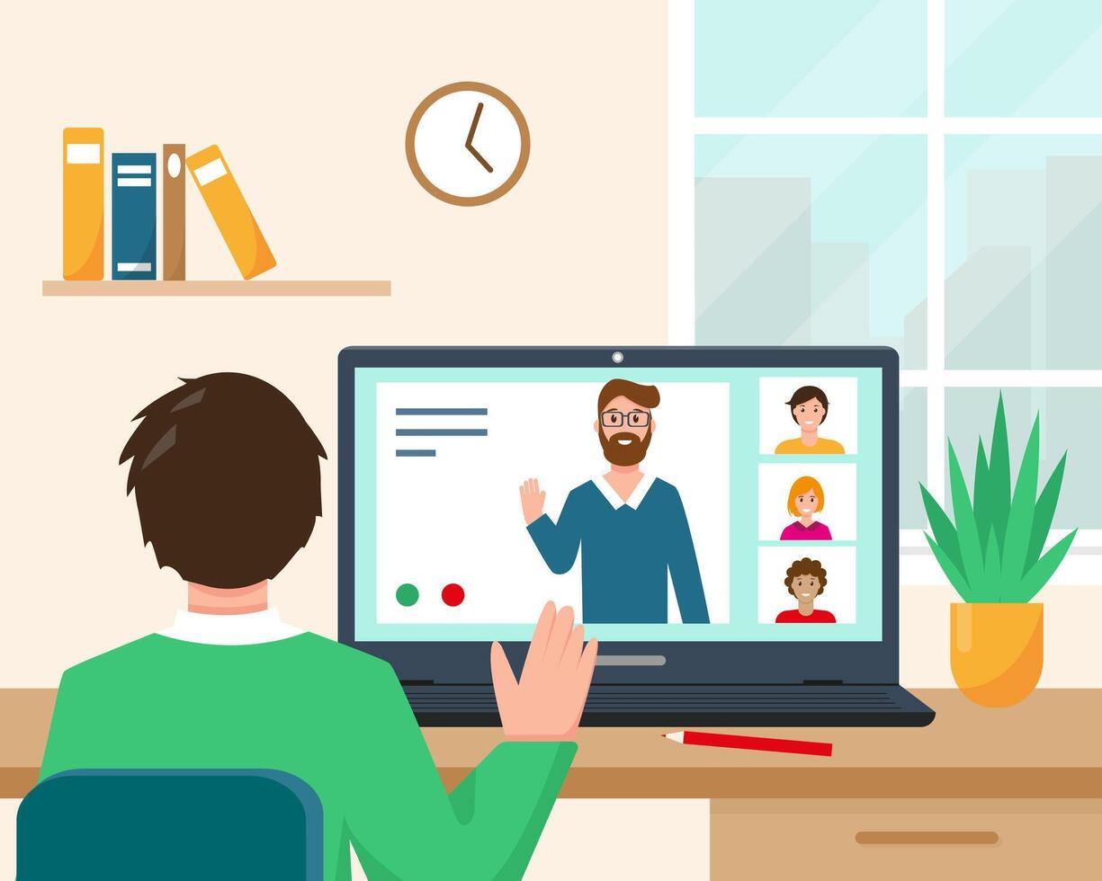 Online education, webinar or working concept. Man near the desk and laptop with people on the screen. vector